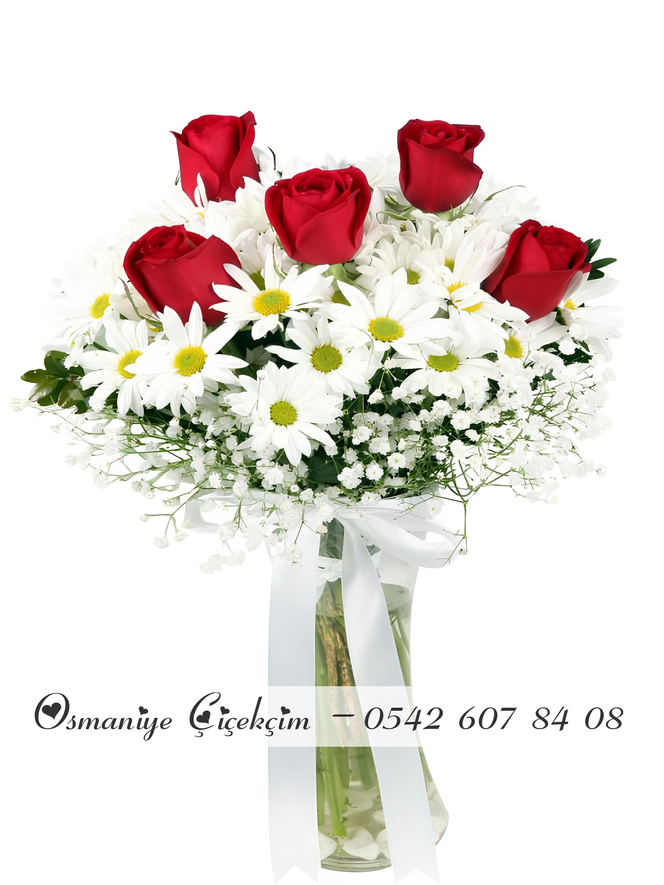 5 Gül ve Papatyalar Cam Vazo