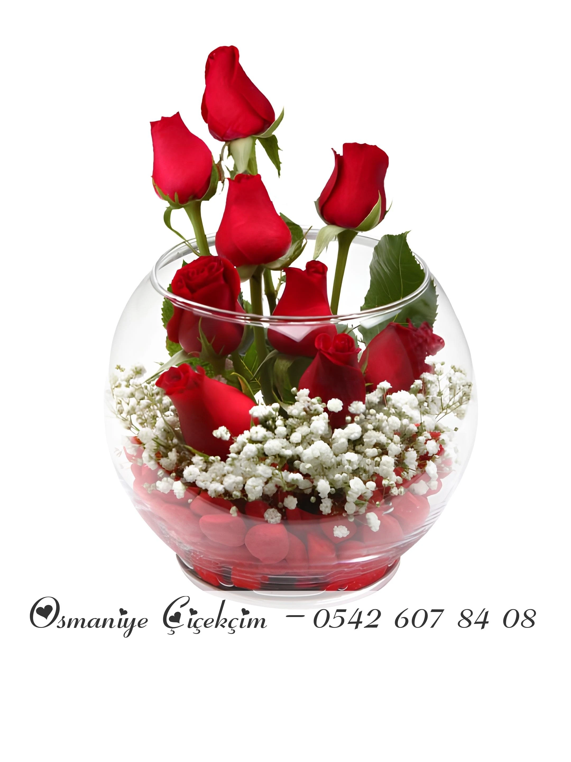 9 Adet Gül ve Taşlı Fanus