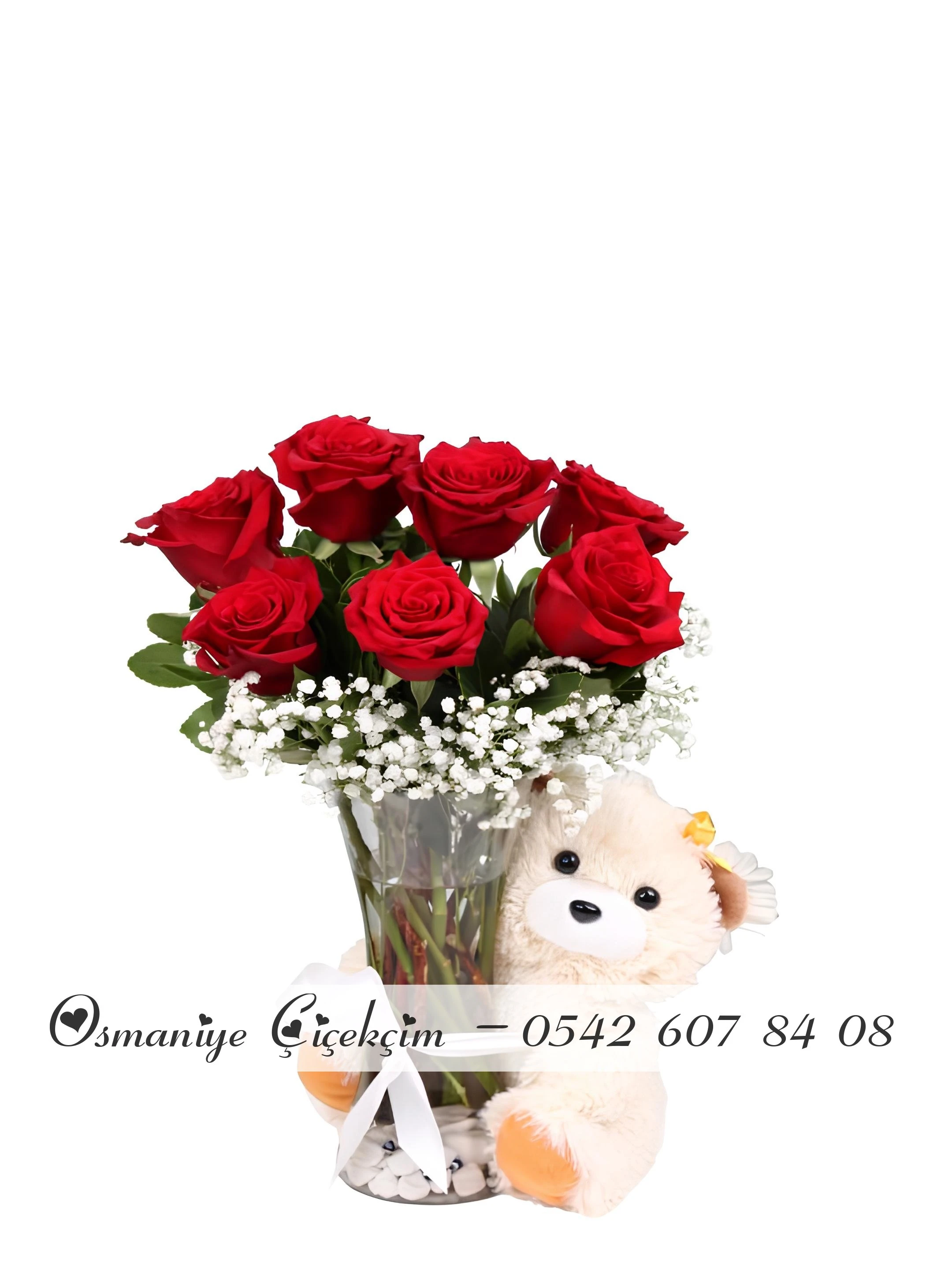 Ayıcıklı Cam Vazo'da Ayıcıklı Gül