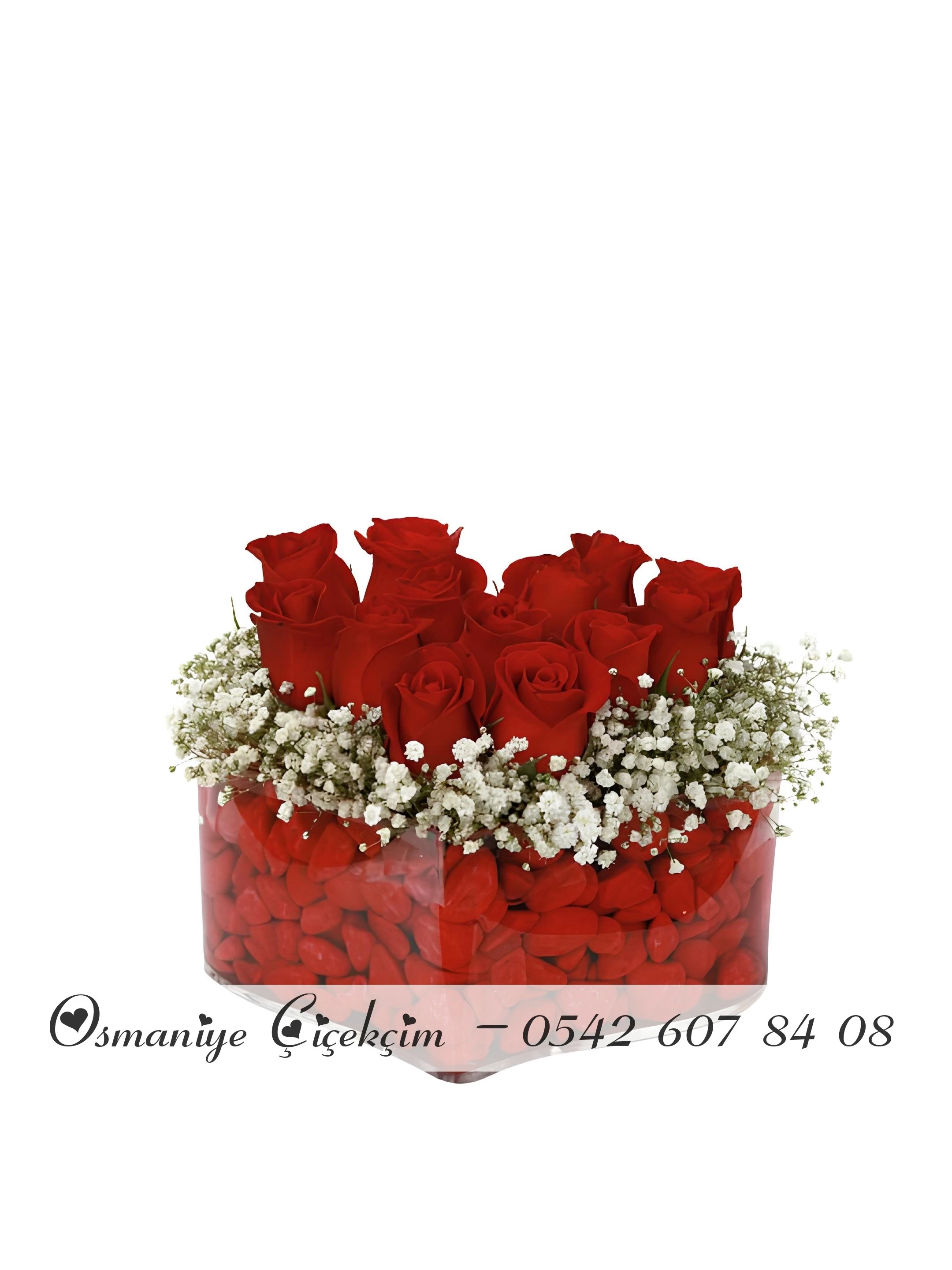 Kalp Şeklinde 12 Adet Cam Fanusta Güller