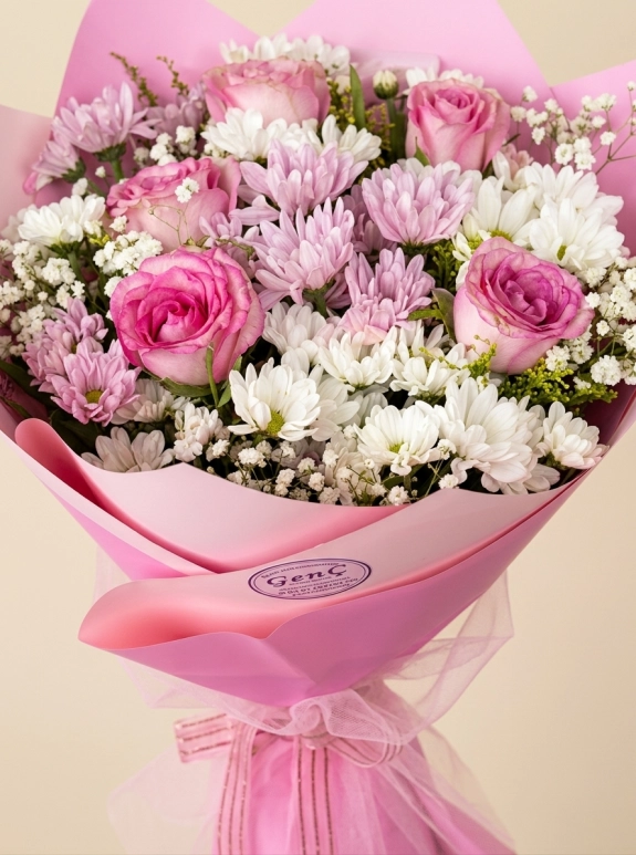 Pembe Gül Beyaz Papatyalar Buketi