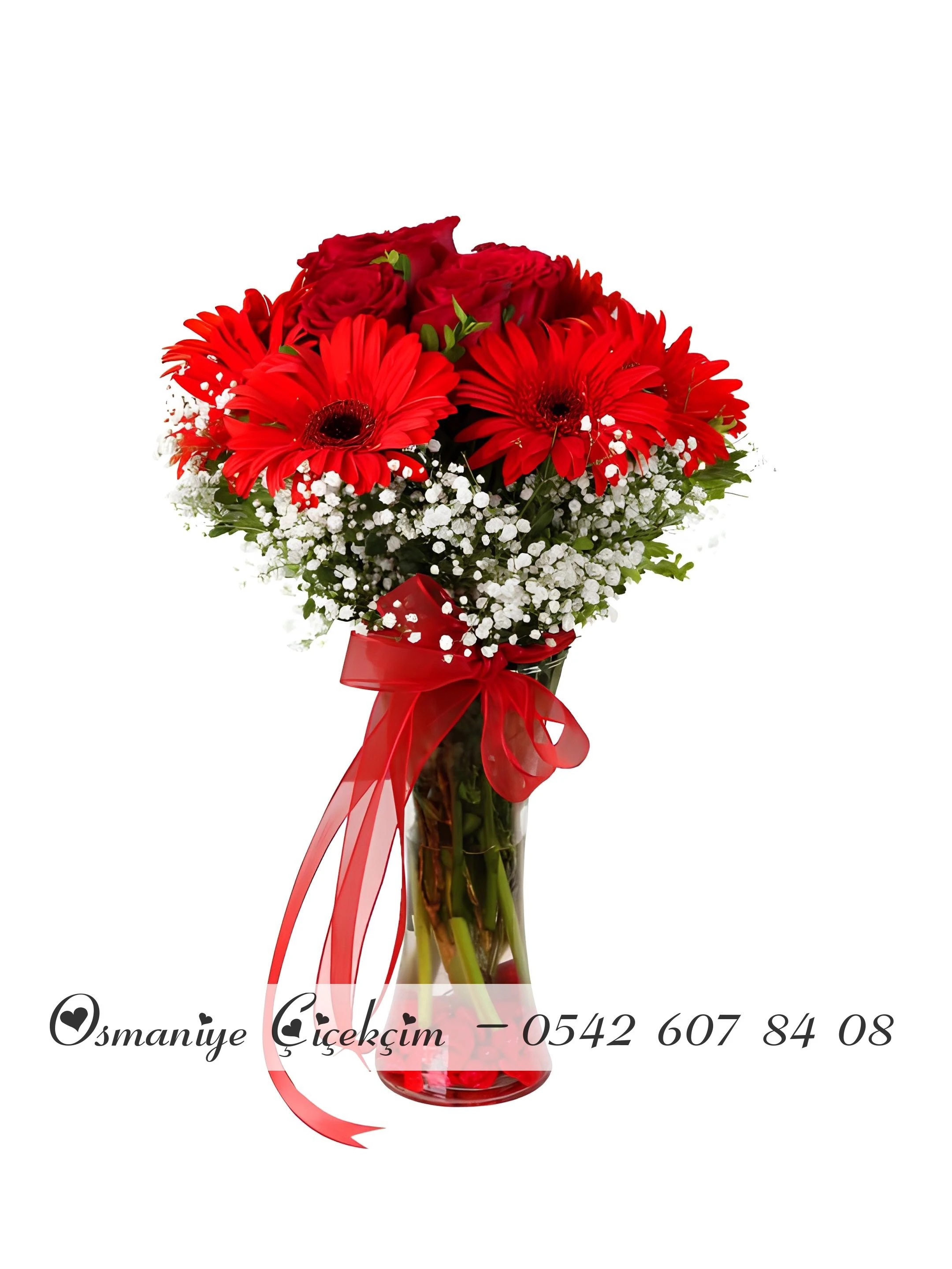 Vazoda Kırmızı Gerbera ve Güller